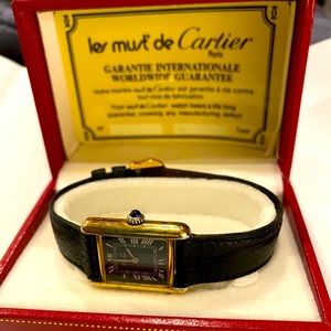 Vintage les must de Cartier Watch Does NOT run! BLACK LEATHER. Swiss movement.